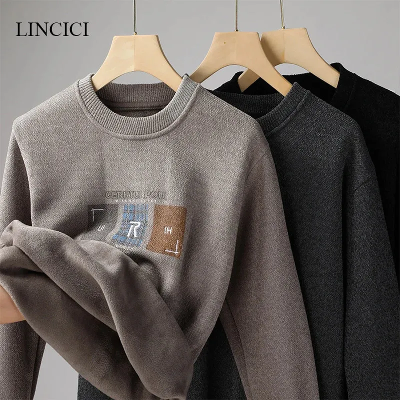 New Men's Sweater with Thick Velvet for Warmth Round Neck Letter Embroidered Knitted Inner Undercover