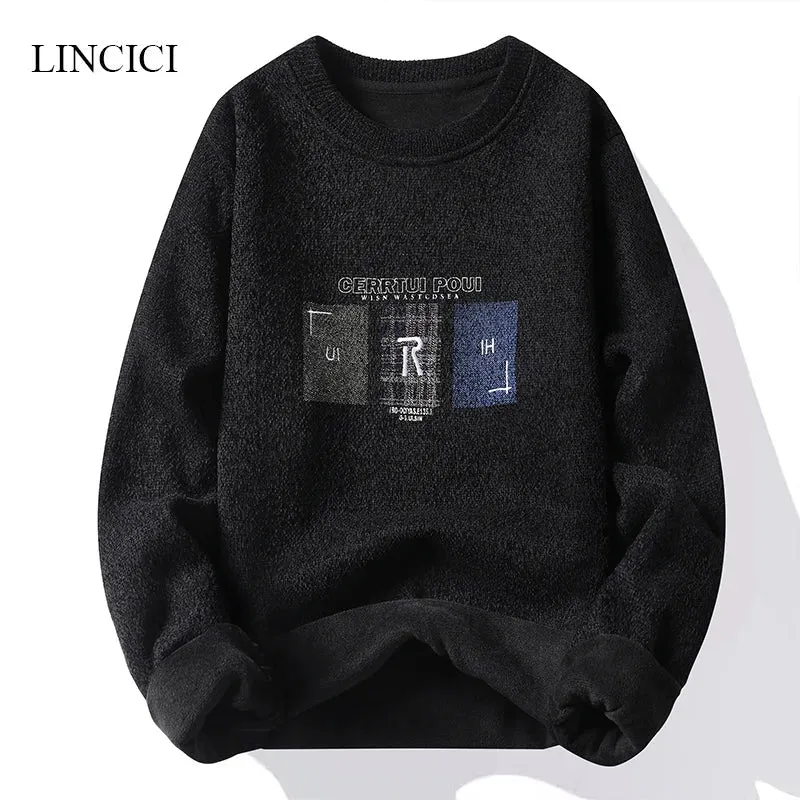 New Men's Sweater with Thick Velvet for Warmth Round Neck Letter Embroidered Knitted Inner Undercover