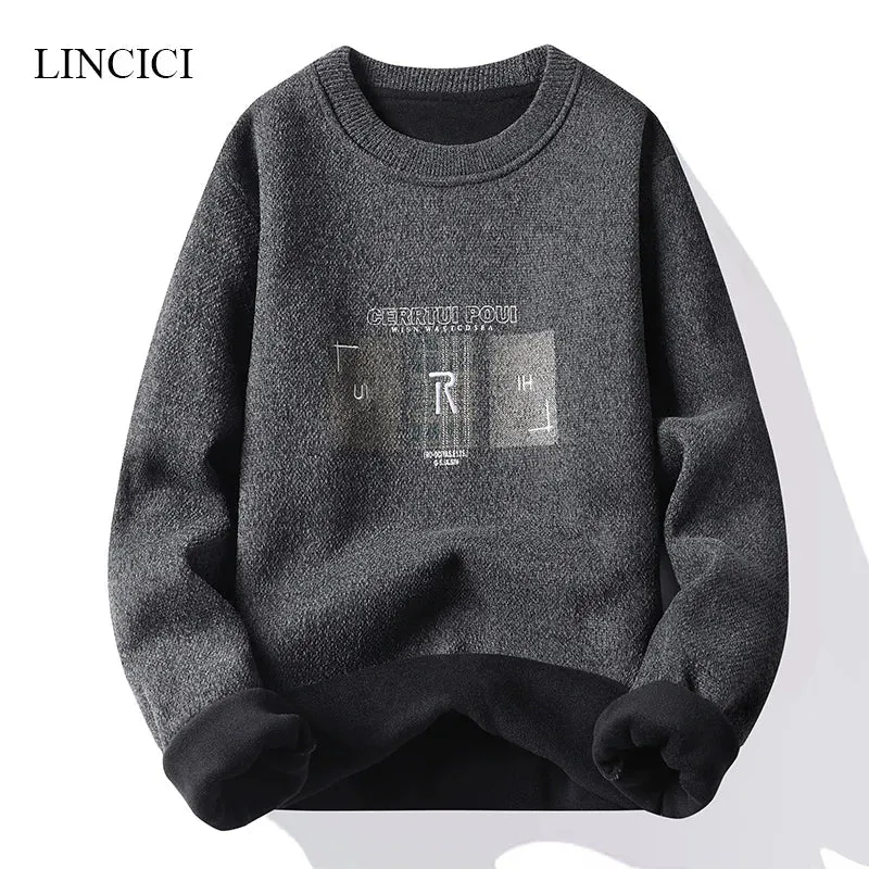 New Men's Sweater with Thick Velvet for Warmth Round Neck Letter Embroidered Knitted Inner Undercover