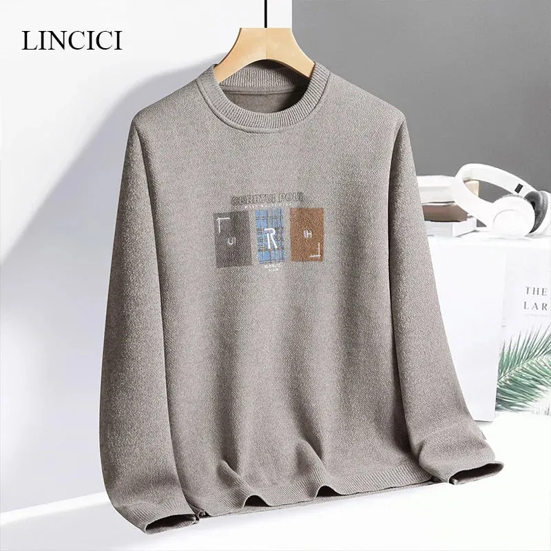 New Men's Sweater with Thick Velvet for Warmth Round Neck Letter Embroidered Knitted Inner Undercover