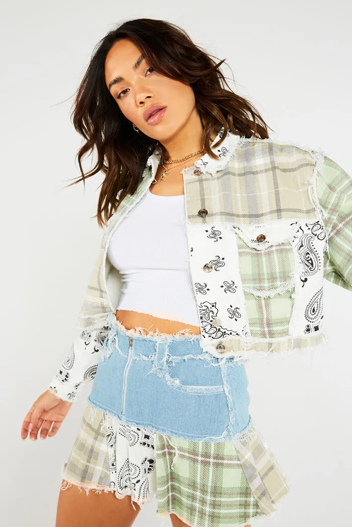 Patchwork Bandana Pleated Denim Mini Skirt