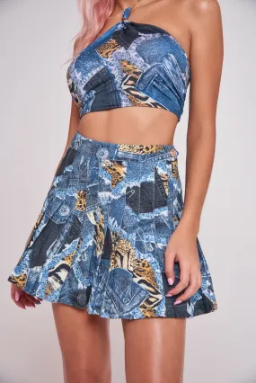 Patchwork Denim Printed Pleated Mini Skirt