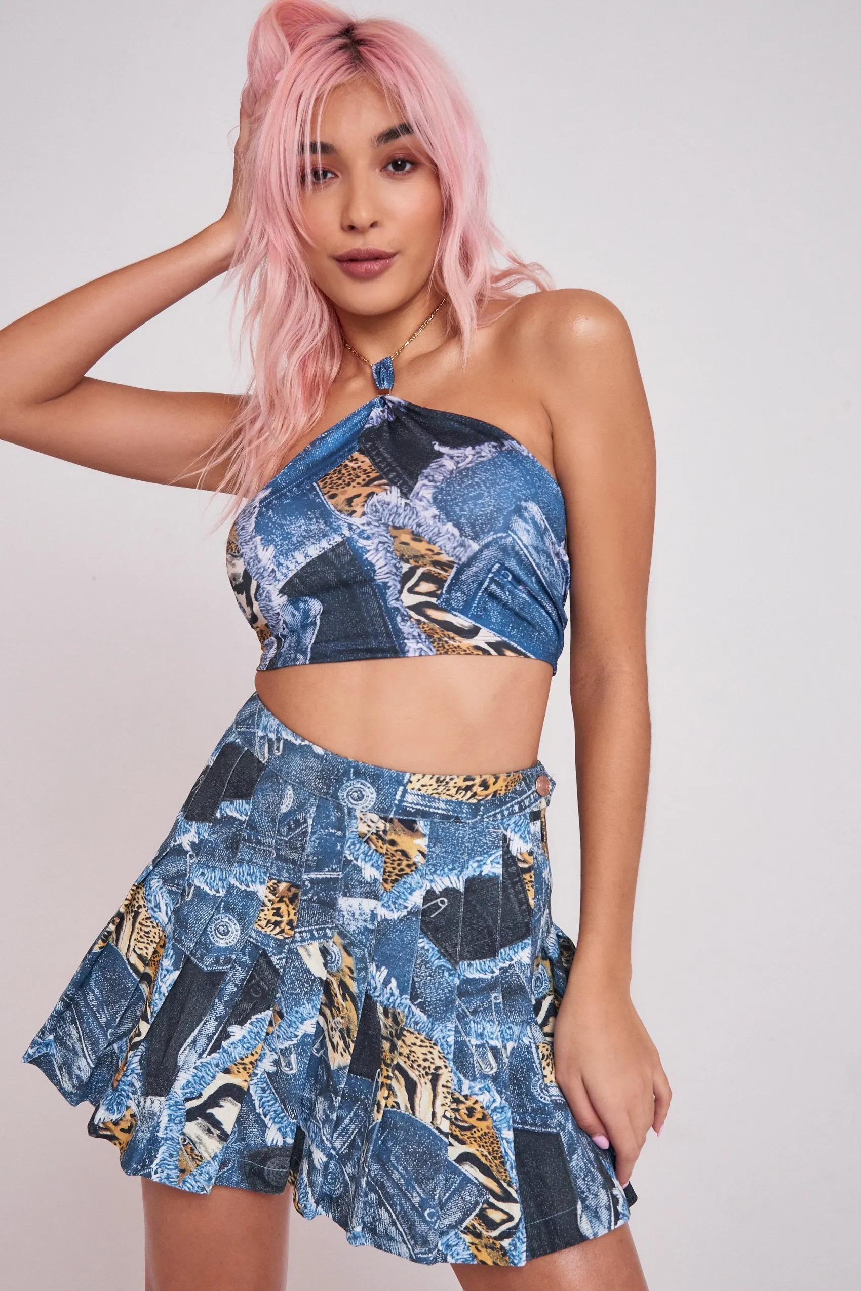 Patchwork Denim Printed Pleated Mini Skirt