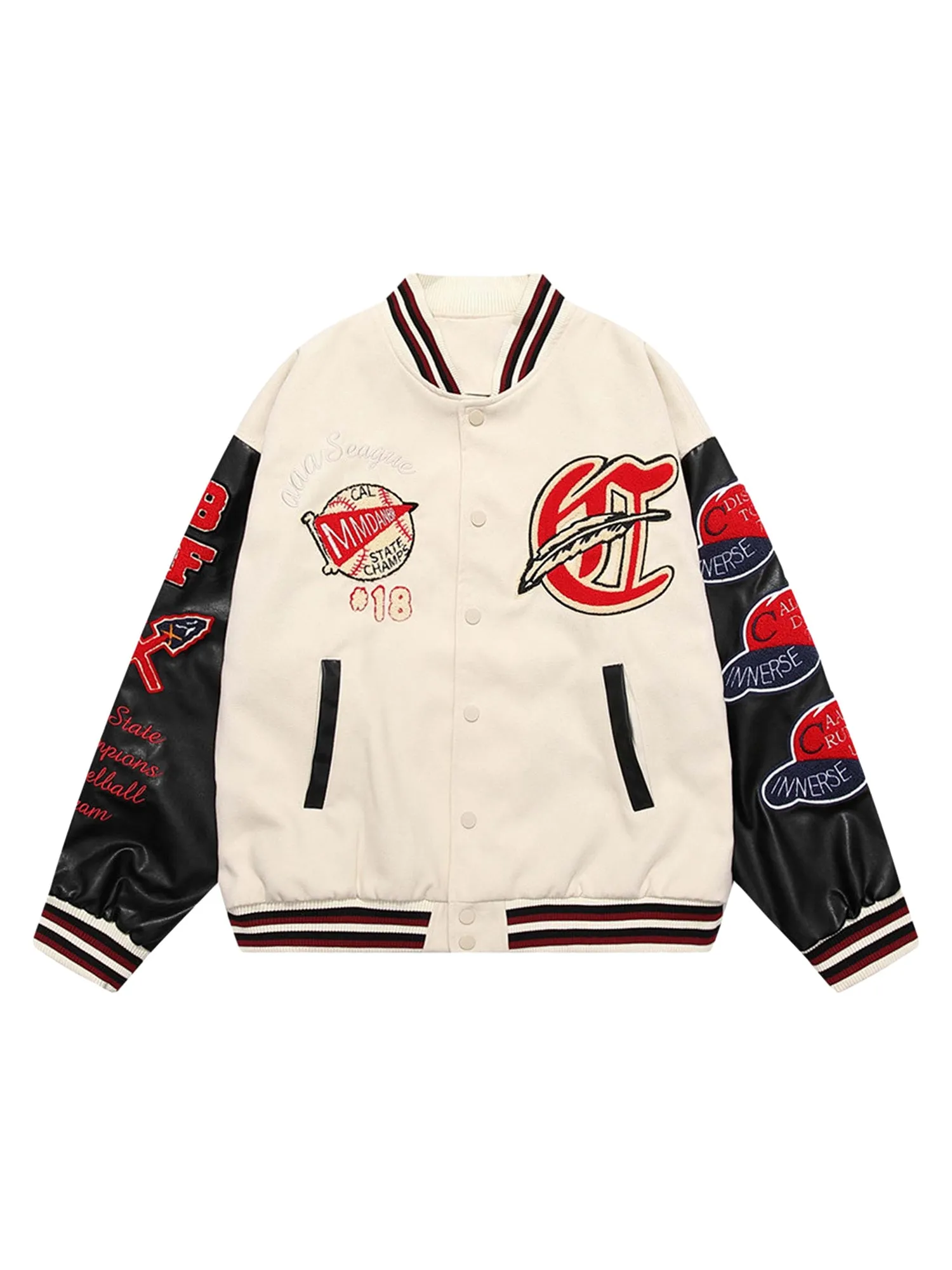 Patchwork PU Leather Embroidered Alphabet Baseball Jacket-1819