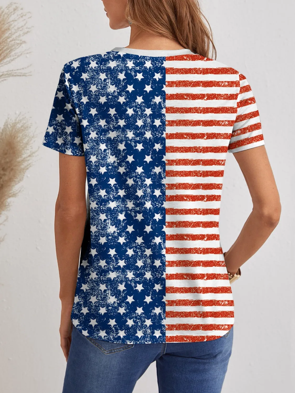 Patriotic American Flag Blouse Printed V-Neck Short Sleeve T-Shirt