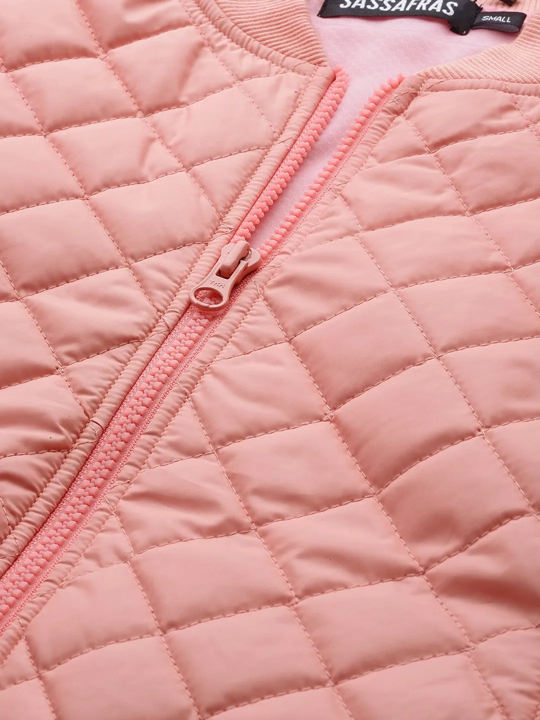 Peach Tie-Up Detail Quilted Bomber Jacket