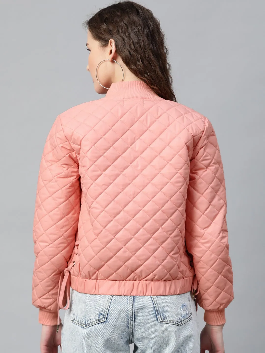 Peach Tie-Up Detail Quilted Bomber Jacket