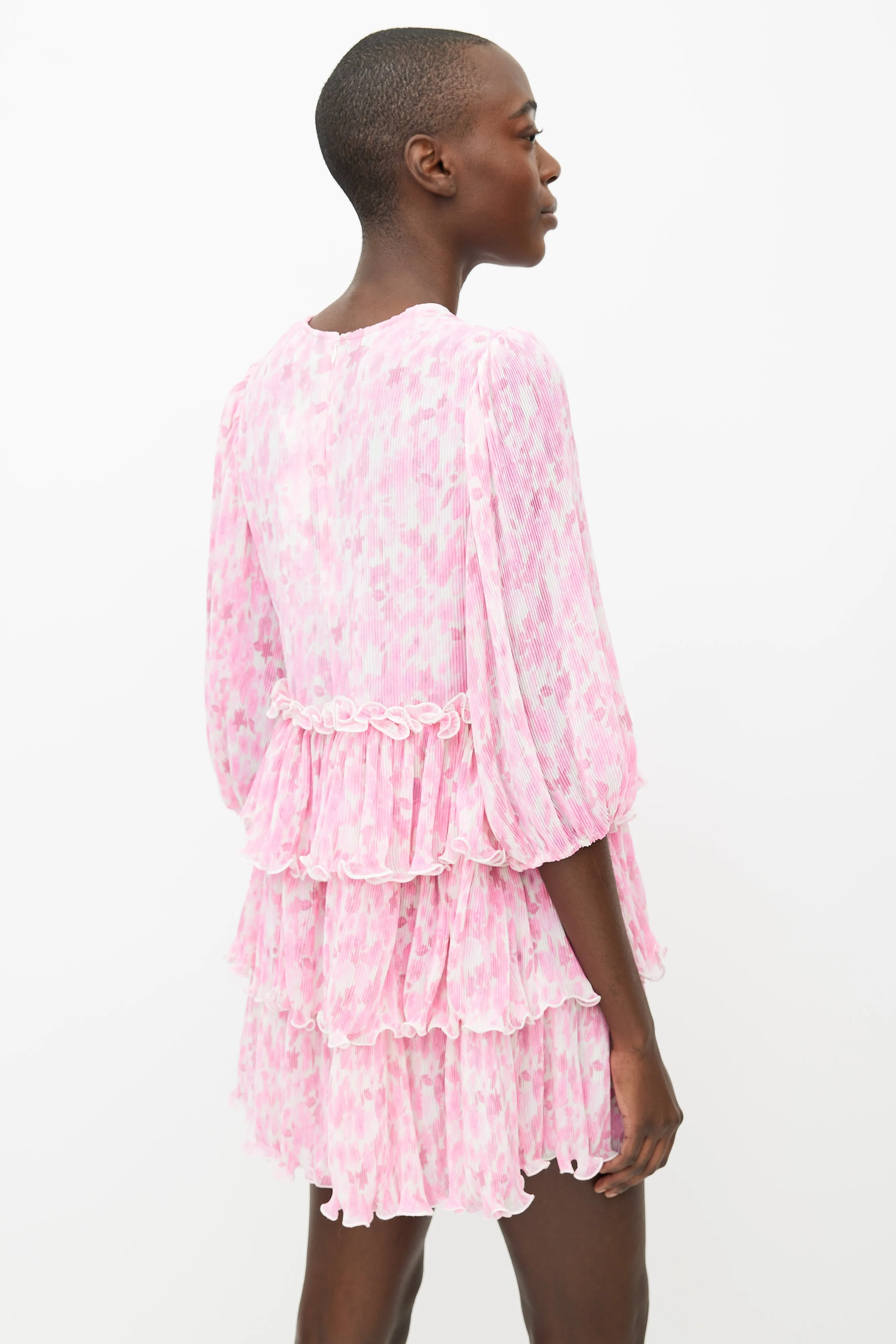 Pink & White Abstract Pleated & Ruffle Mini Dress