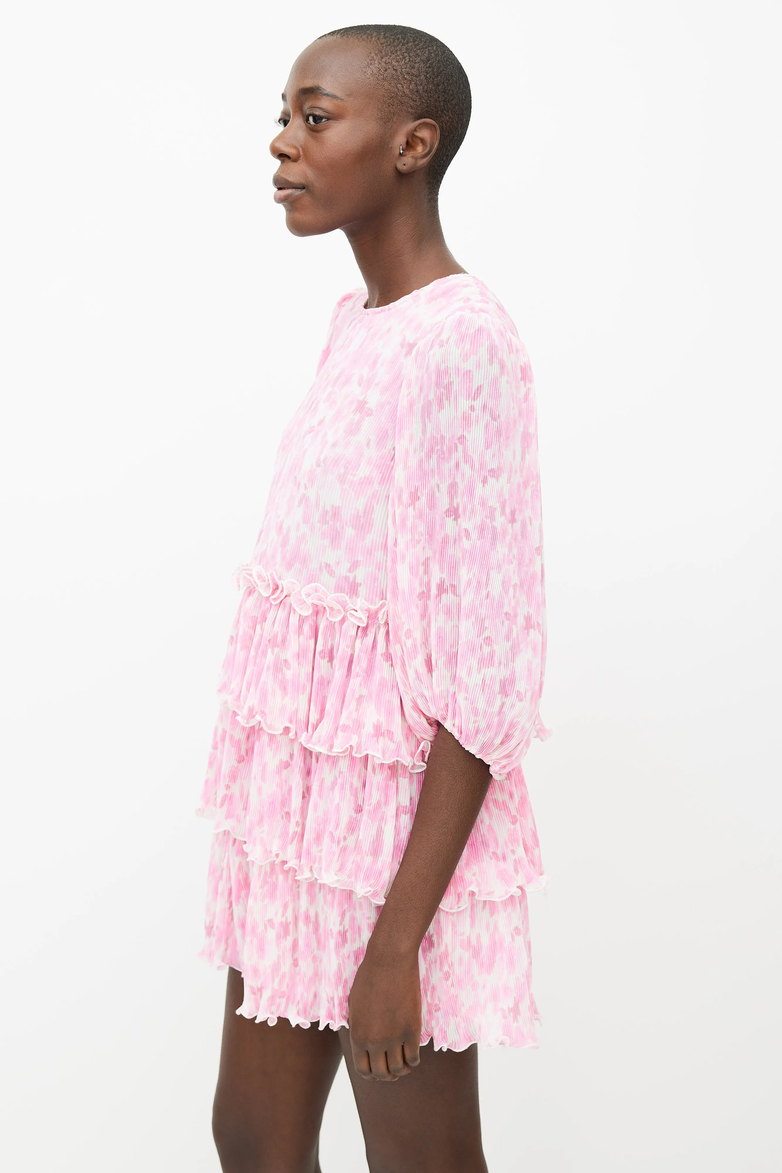 Pink & White Abstract Pleated & Ruffle Mini Dress