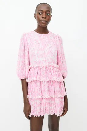 Pink & White Abstract Pleated & Ruffle Mini Dress