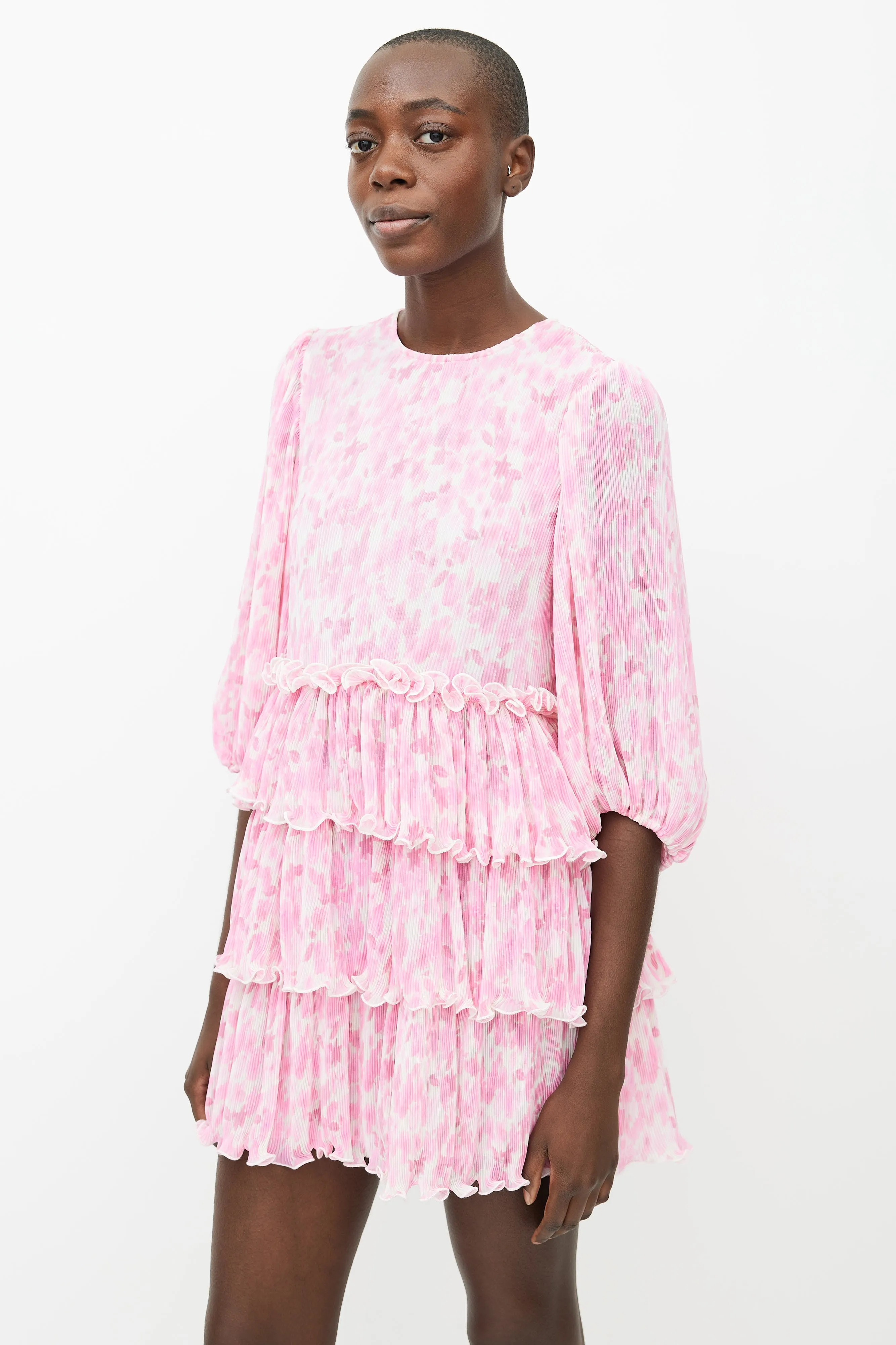 Pink & White Abstract Pleated & Ruffle Mini Dress