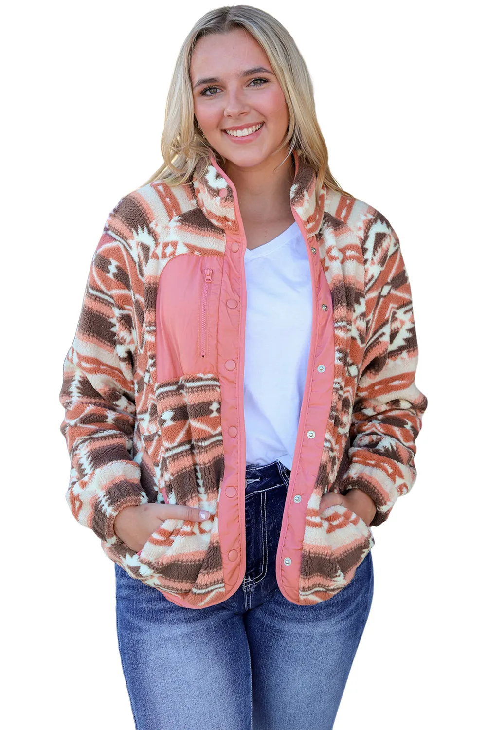 Pink Western Colorblock Snap Buttoned Sherpa Jacket