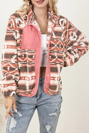 Pink Western Colorblock Snap Buttoned Sherpa Jacket