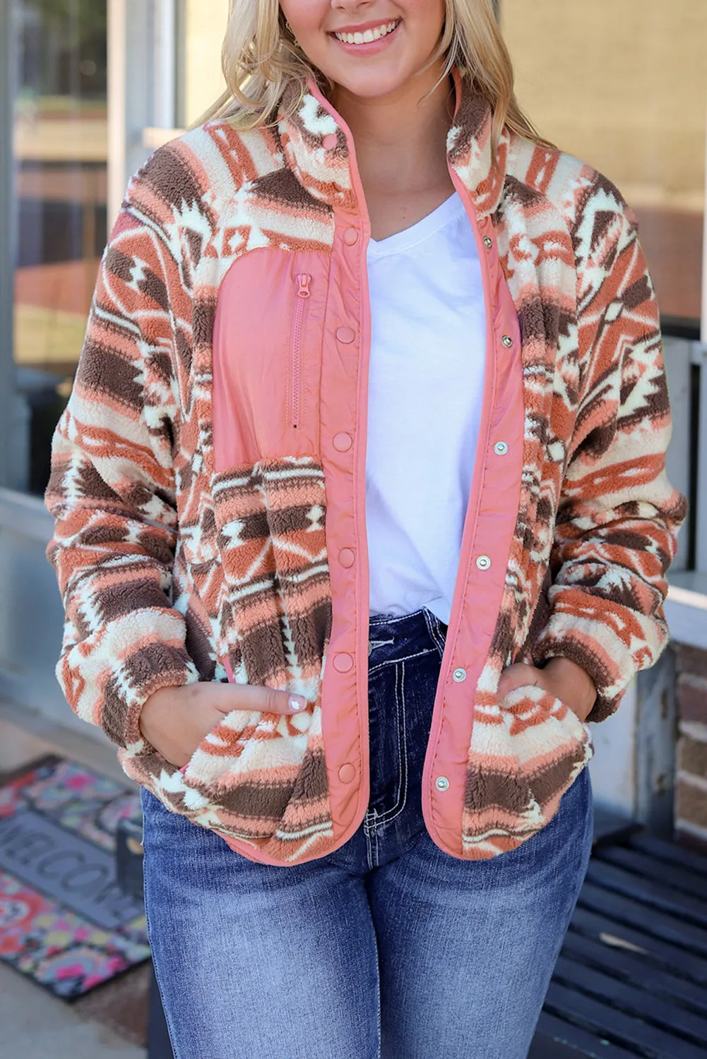 Pink Western Colorblock Snap Buttoned Sherpa Jacket