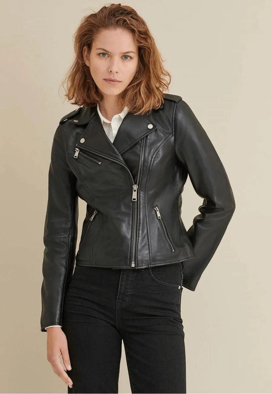 Premium Women's Black Sheepskin Leather Biker Jacket