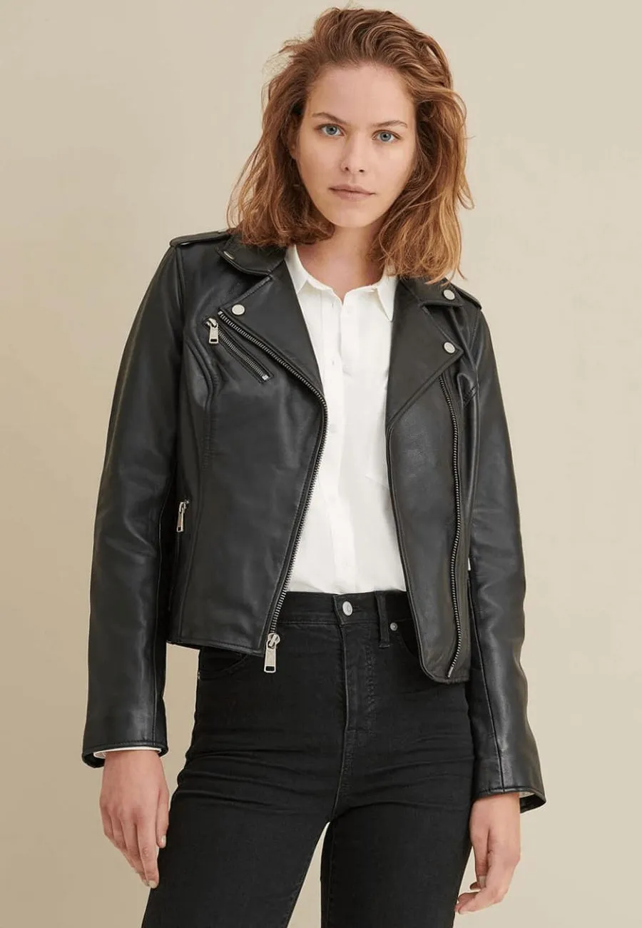 Premium Women's Black Sheepskin Leather Biker Jacket