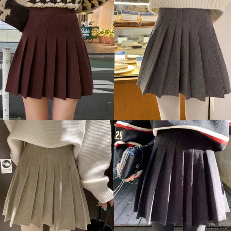 Preppy Style Knitted A-Line Thick Pleated Mini Skirts