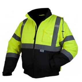 Pyramex RJ32 Series Bomber Jacket, Hi-Vis Lime with 2" Silver Reflective Striping, Insulated, ANSI Type R Class 3