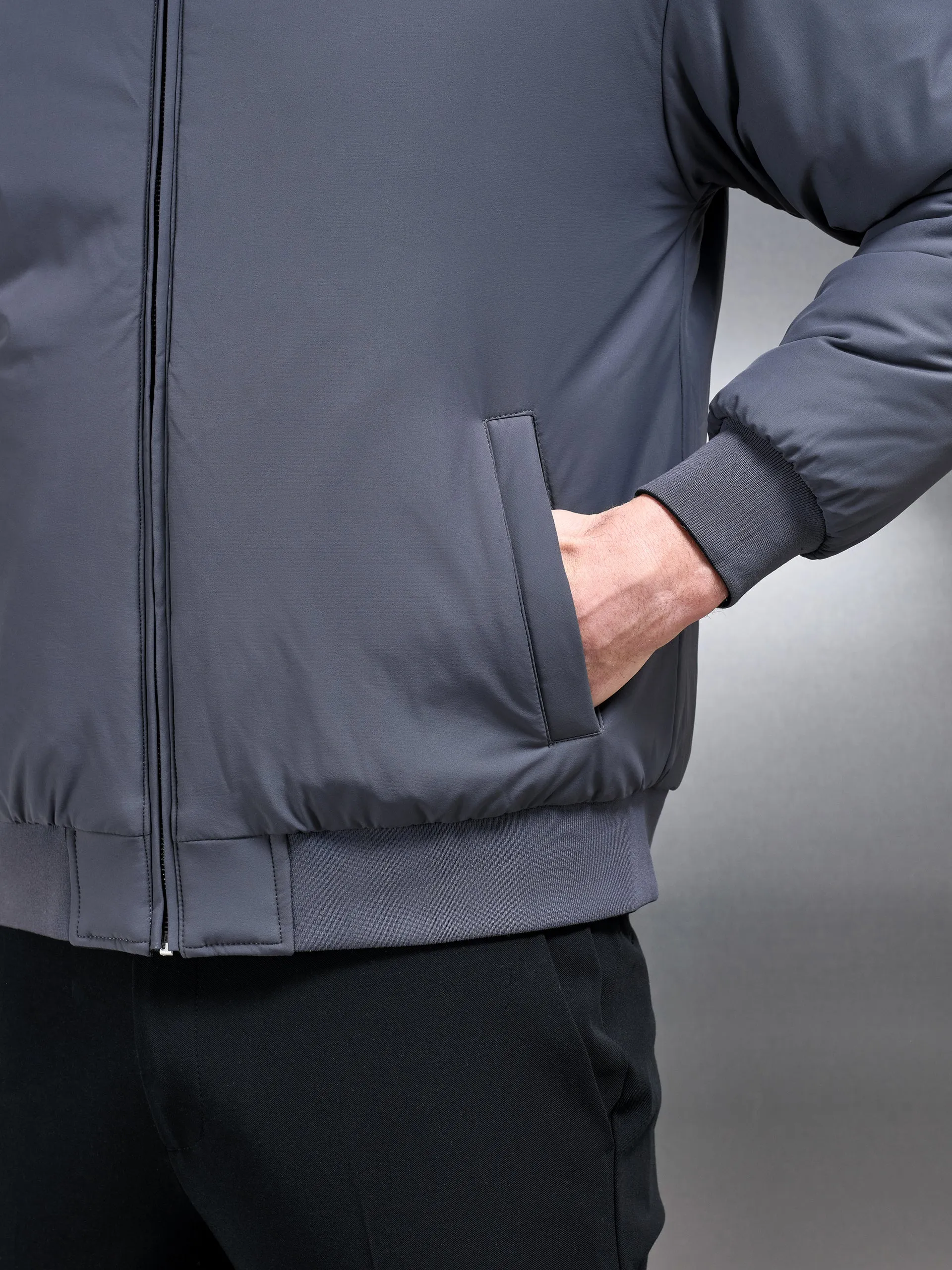 Relaxed Padded Reversible Bomber Jacket in Black Grey