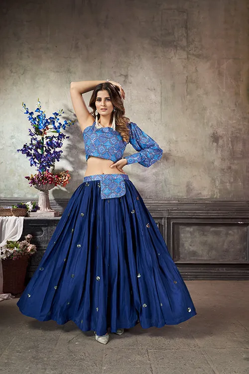 Royal Blue Art Silk Thread With Sequins Embroidered Crop-Top Skirt