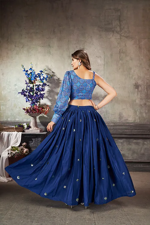 Royal Blue Art Silk Thread With Sequins Embroidered Crop-Top Skirt