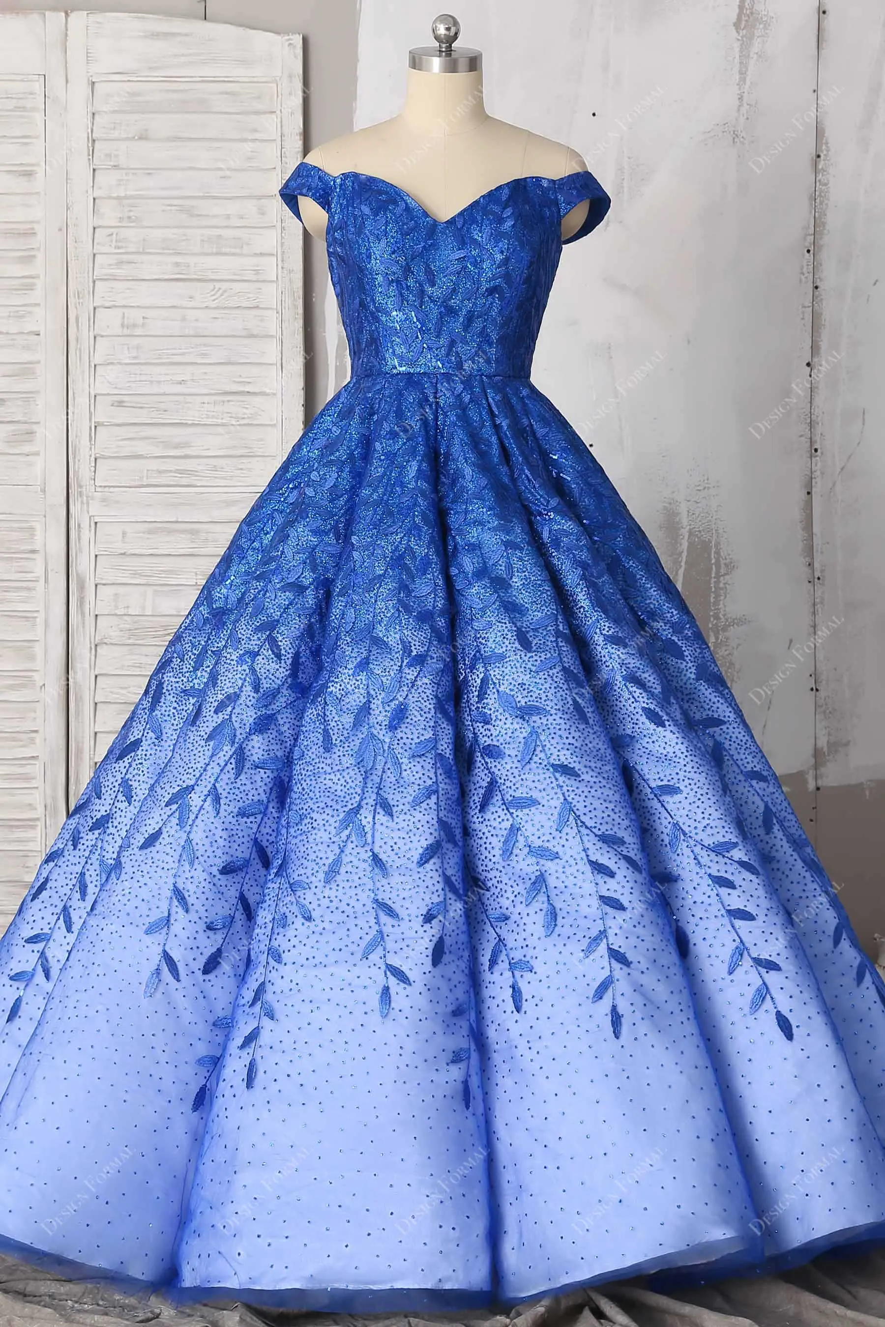 Royal Blue Ombre Off-shoulder Prom Ball Gown