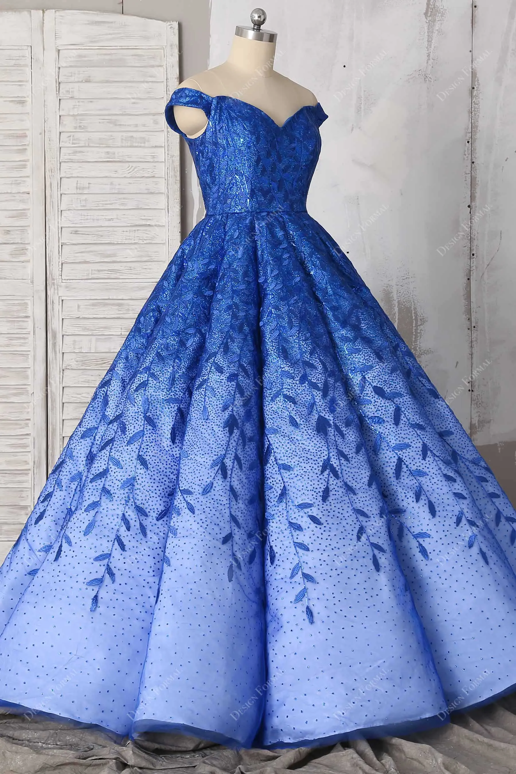 Royal Blue Ombre Off-shoulder Prom Ball Gown