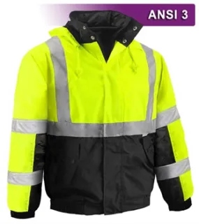 Safety Jacket: Hi Vis Bomber: Breathable Waterproof: Hood: Lime 2-Tone