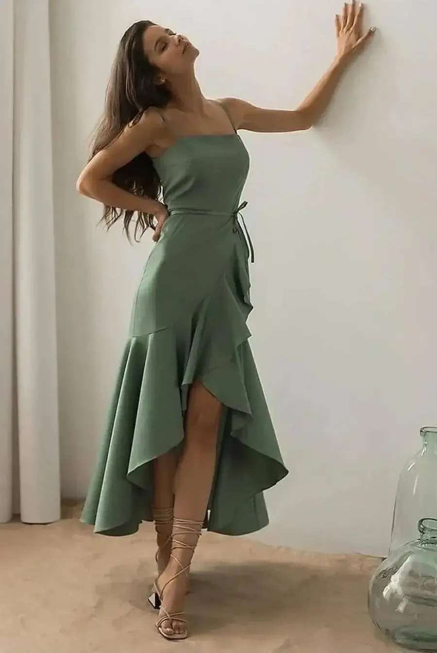 Sage Green High-low Prom Dresses with Ruffles Skirt