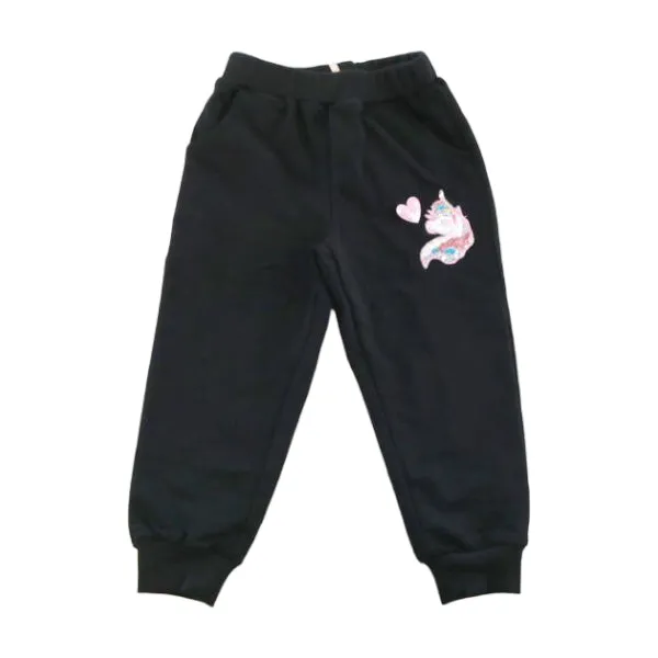 Sequin Unicorn Patch Pants - Black