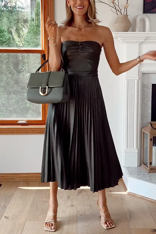 Strapless Pleated Faux Leather Midi Dress