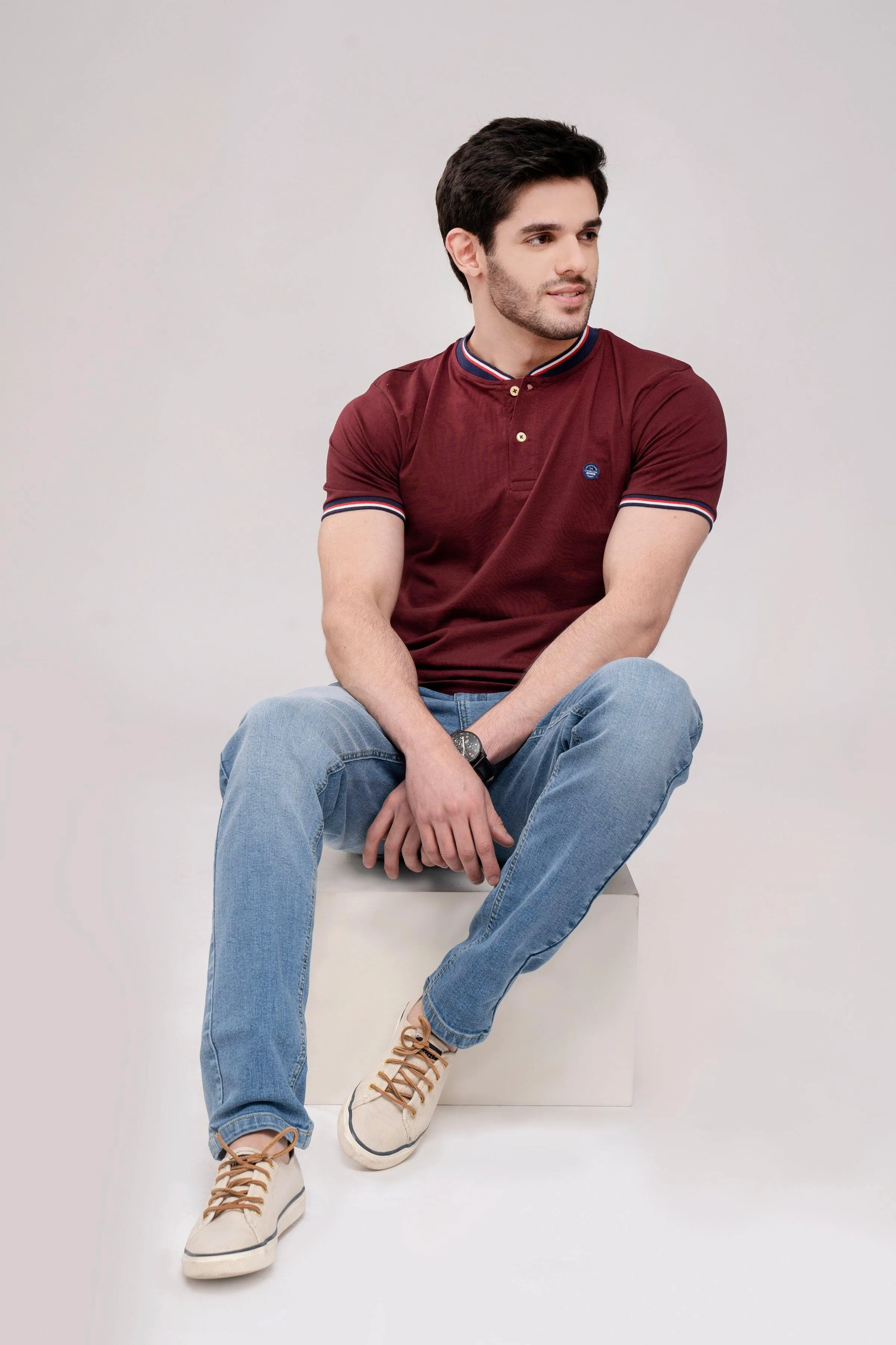 T SHIRT HENLEY TIPPING BAN MAROON