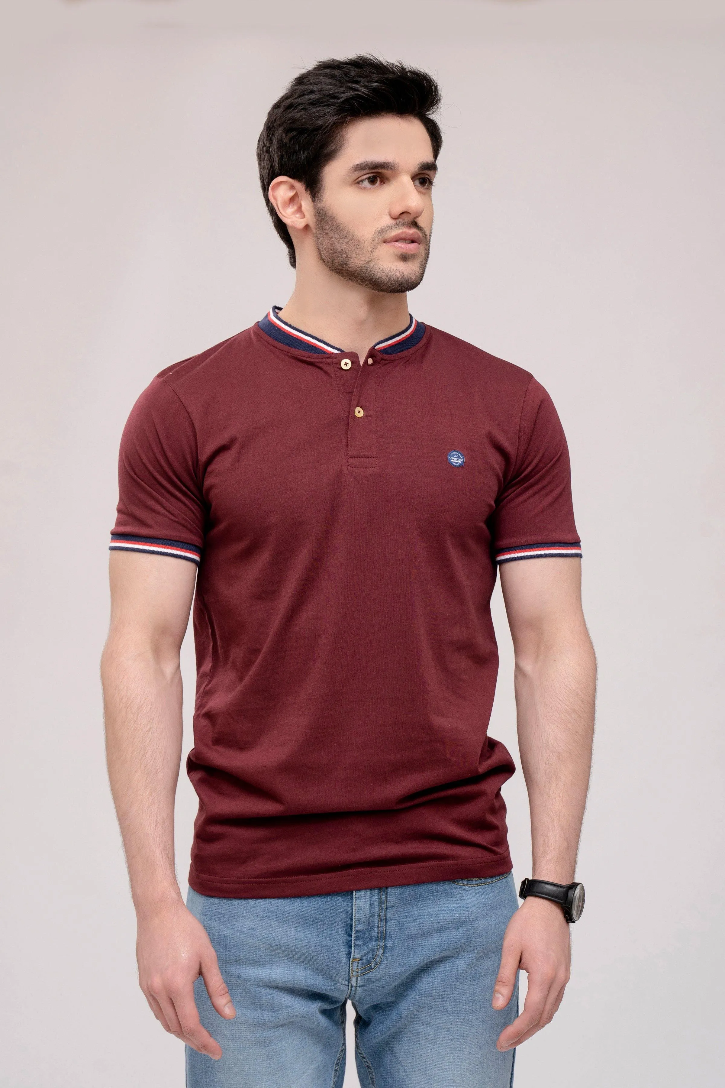 T SHIRT HENLEY TIPPING BAN MAROON