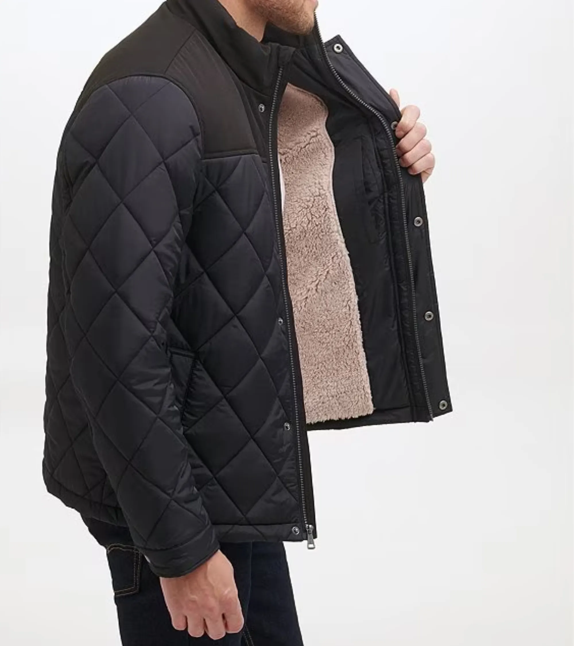 Tonal-Mixed-Media Sherpa Lined Quilted Jacket