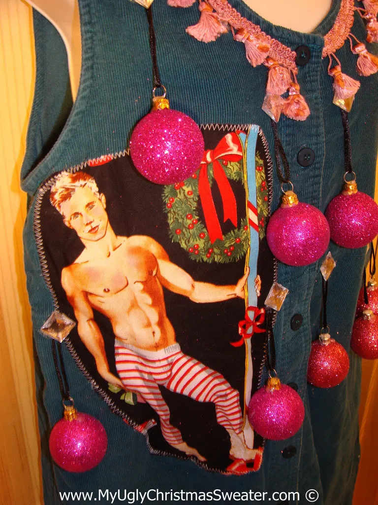 Ugly Christmas Sweater Party Tacky Dress Hottie Guy & Real Ornaments (d98)