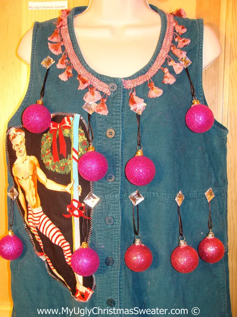 Ugly Christmas Sweater Party Tacky Dress Hottie Guy & Real Ornaments (d98)