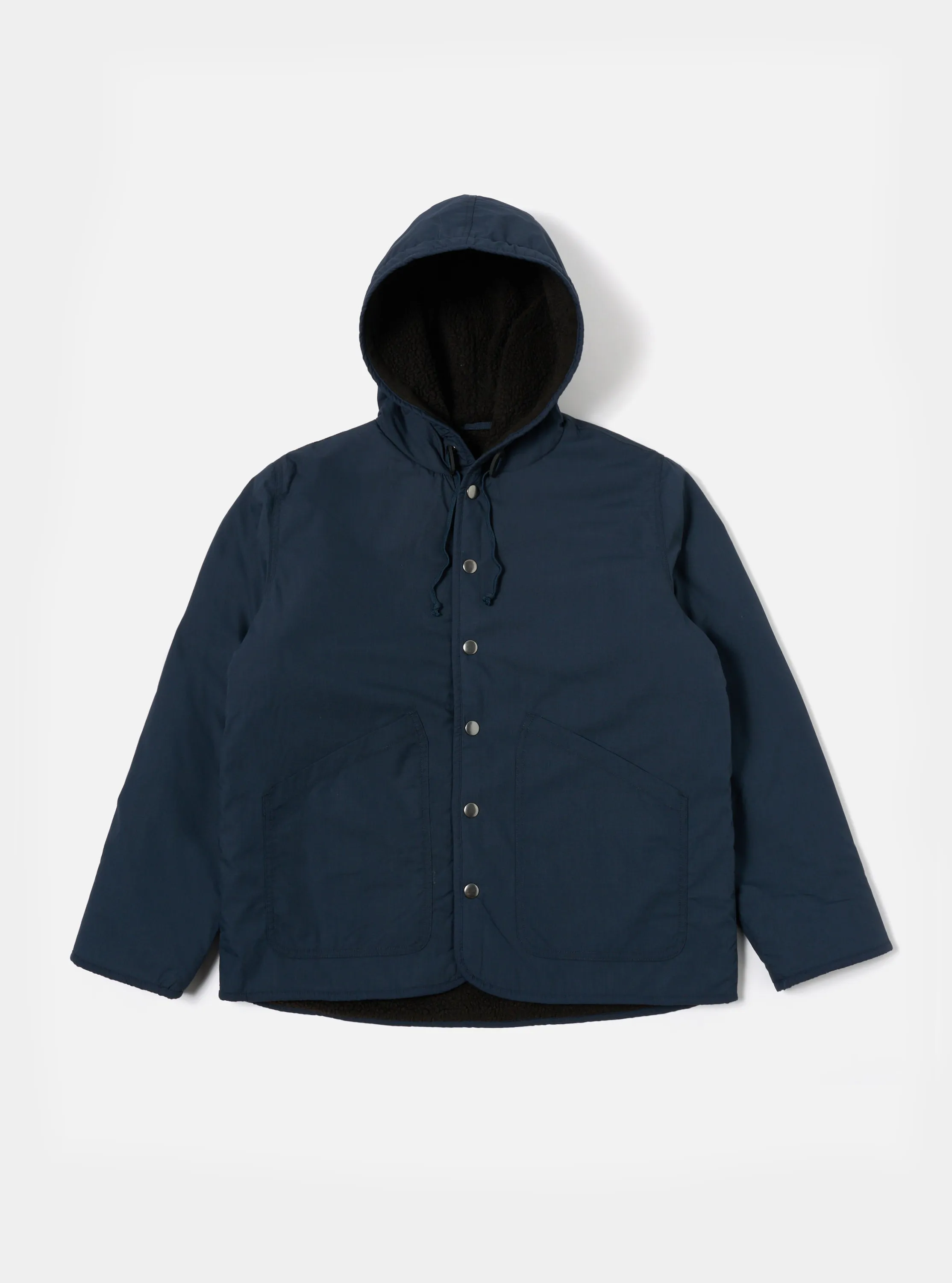 Universal Works Reversible Simple Hooded Jacket in Navy/Brown Recycled Polytech/Sherpa