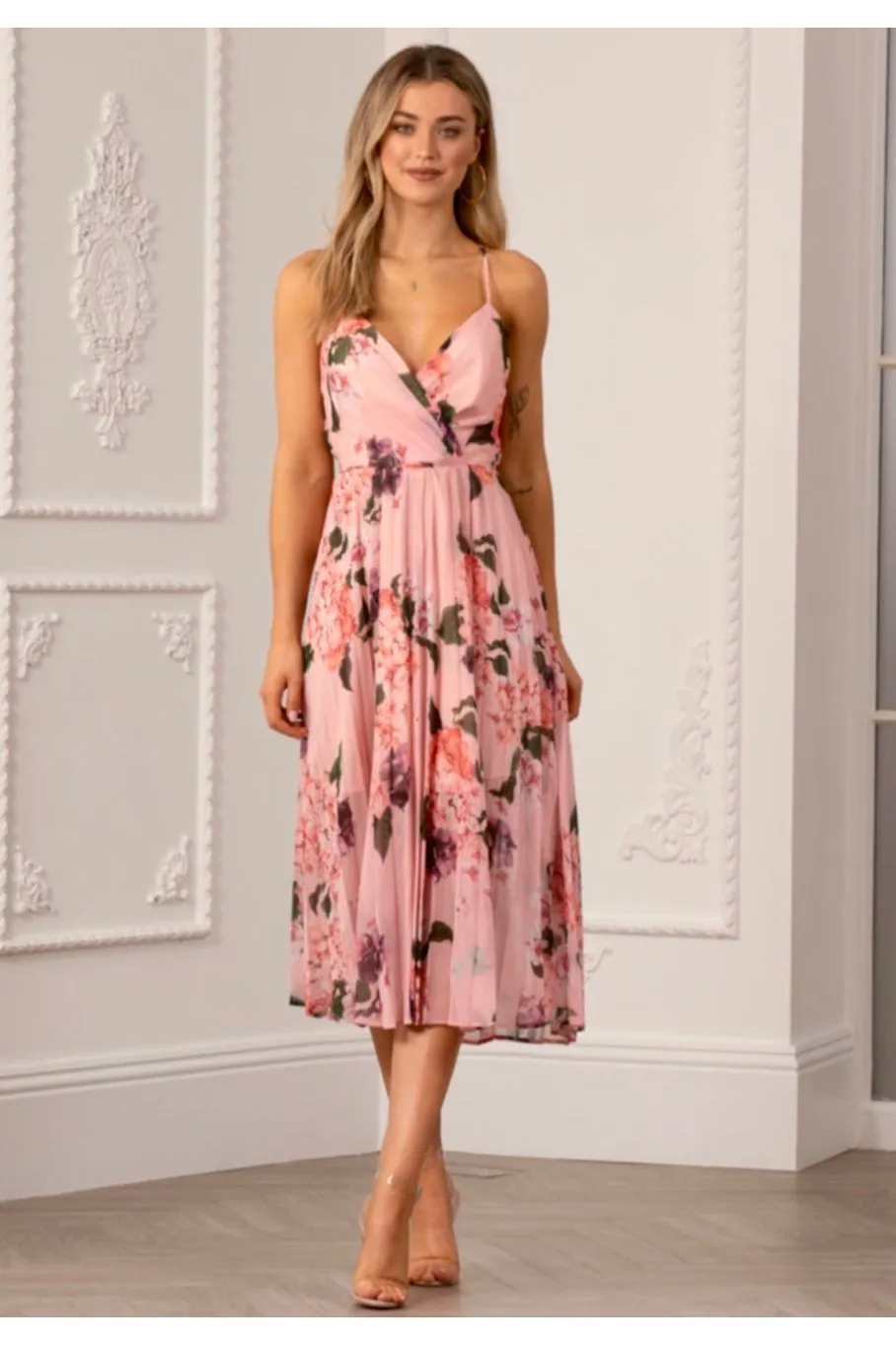 Urban Touch Floral Print Pleated Wrap Body Midi Dress