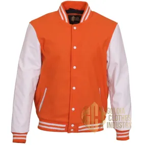 Varsity Letterman Orange Wool & White Genuine bomber Leather Sleeves college Jacket