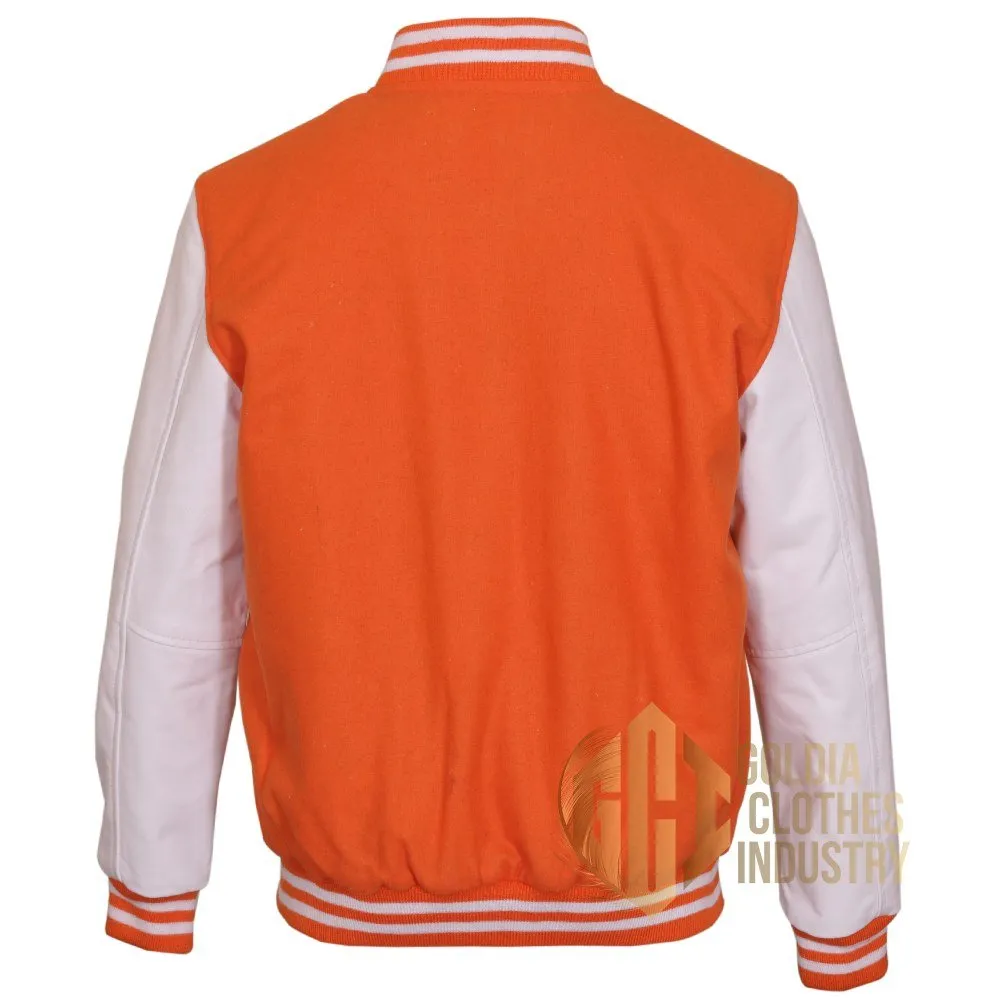 Varsity Letterman Orange Wool & White Genuine bomber Leather Sleeves college Jacket