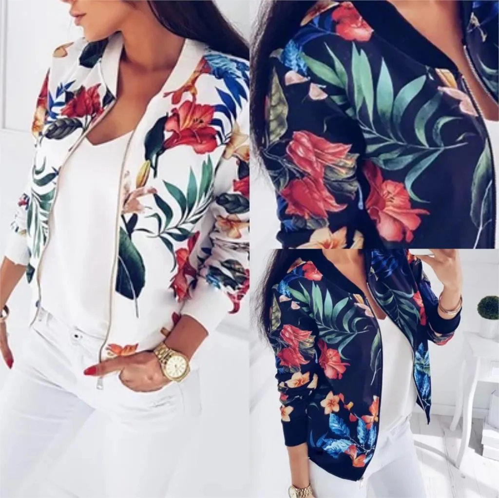 VenusFox Retro Floral Casual Zipper-Up Bomber Long Sleeve Jacket Coats