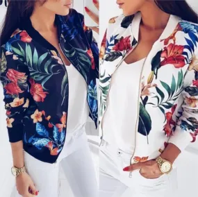 VenusFox Retro Floral Casual Zipper-Up Bomber Long Sleeve Jacket Coats