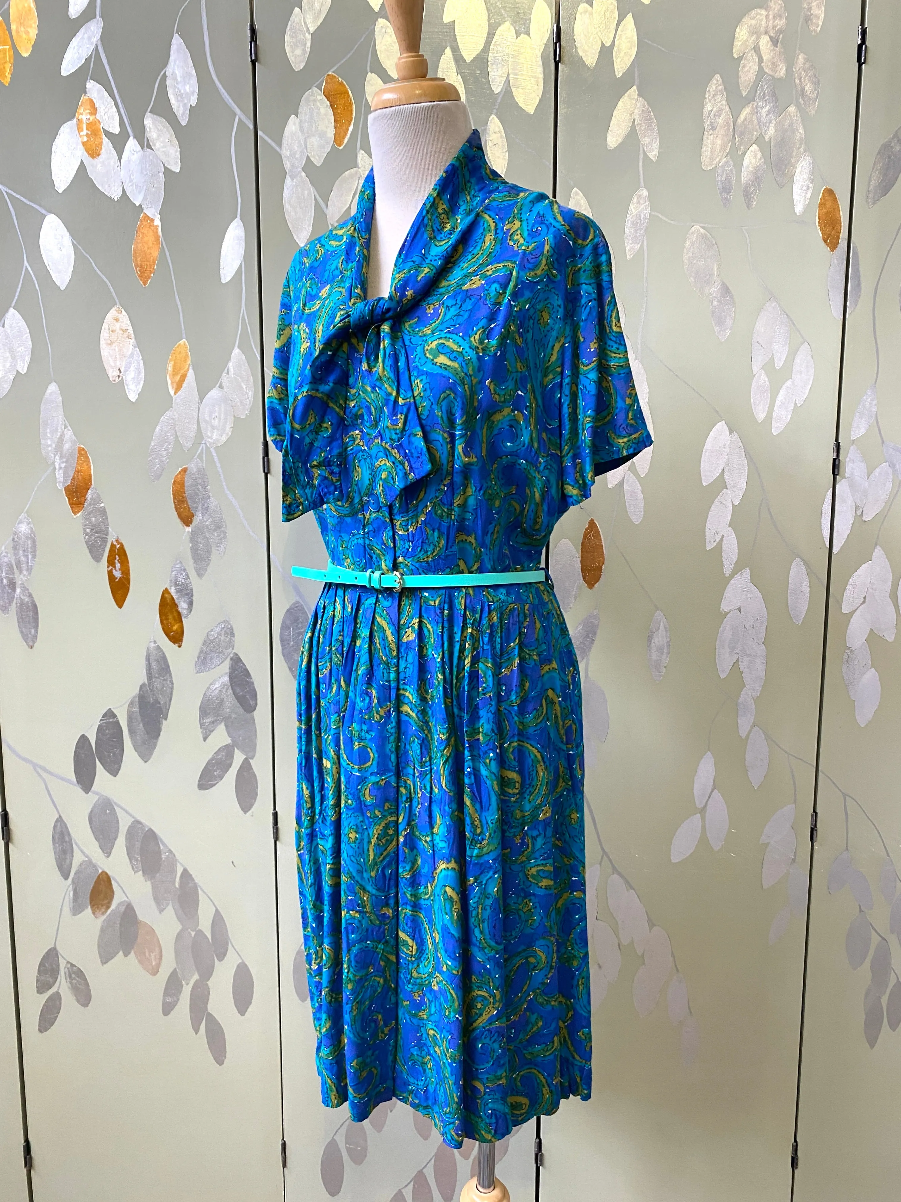 Vintage 1950s Jewel Tone Abstract Print Day Dress, Large