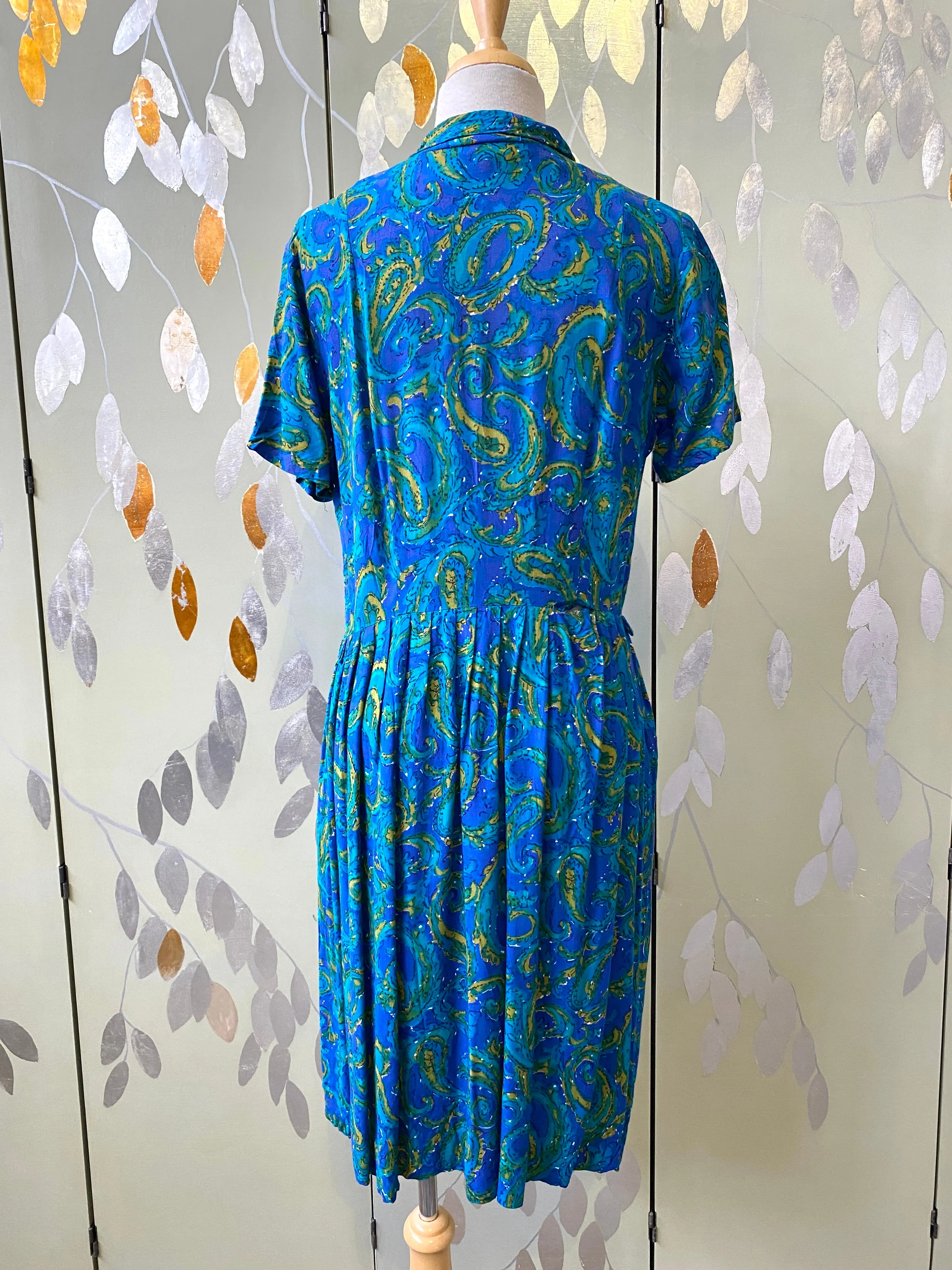 Vintage 1950s Jewel Tone Abstract Print Day Dress, Large