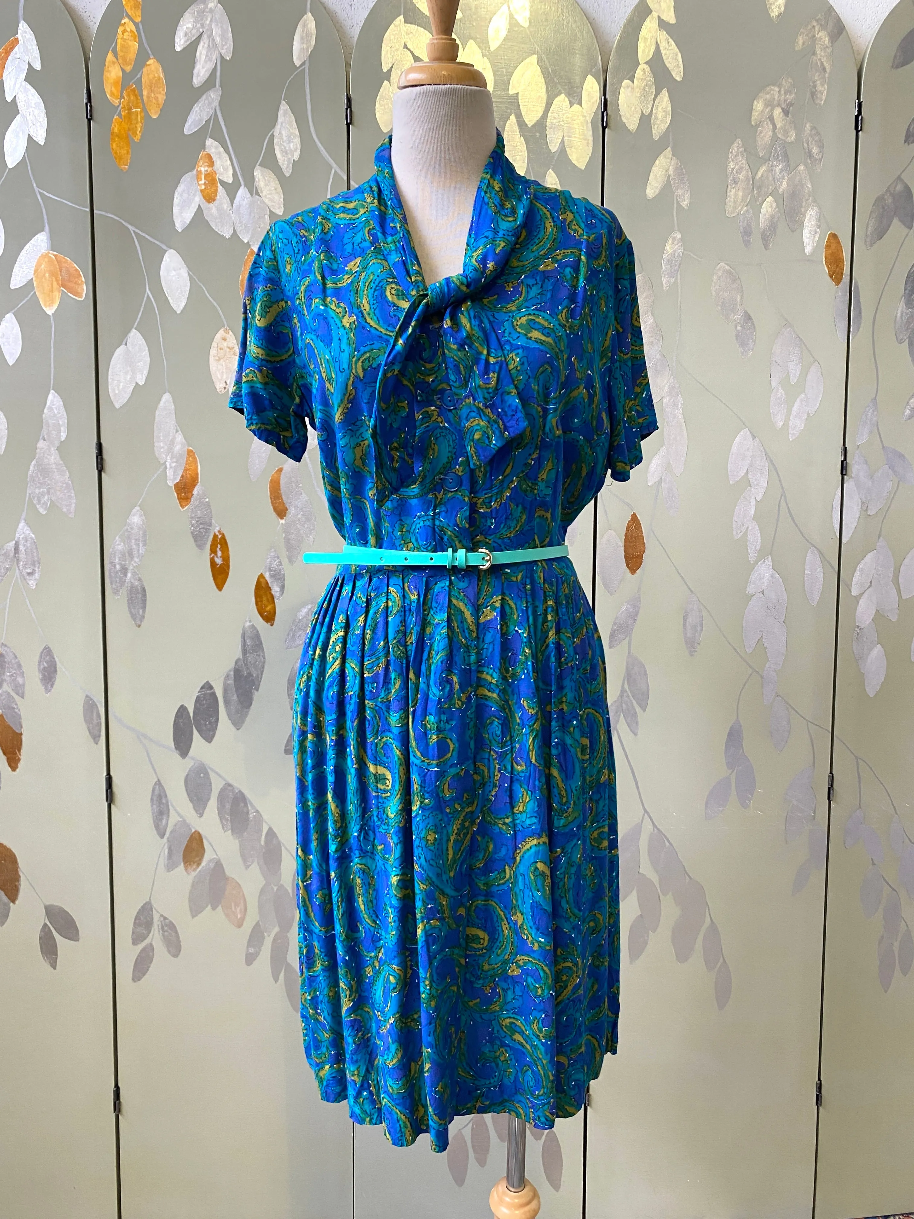 Vintage 1950s Jewel Tone Abstract Print Day Dress, Large