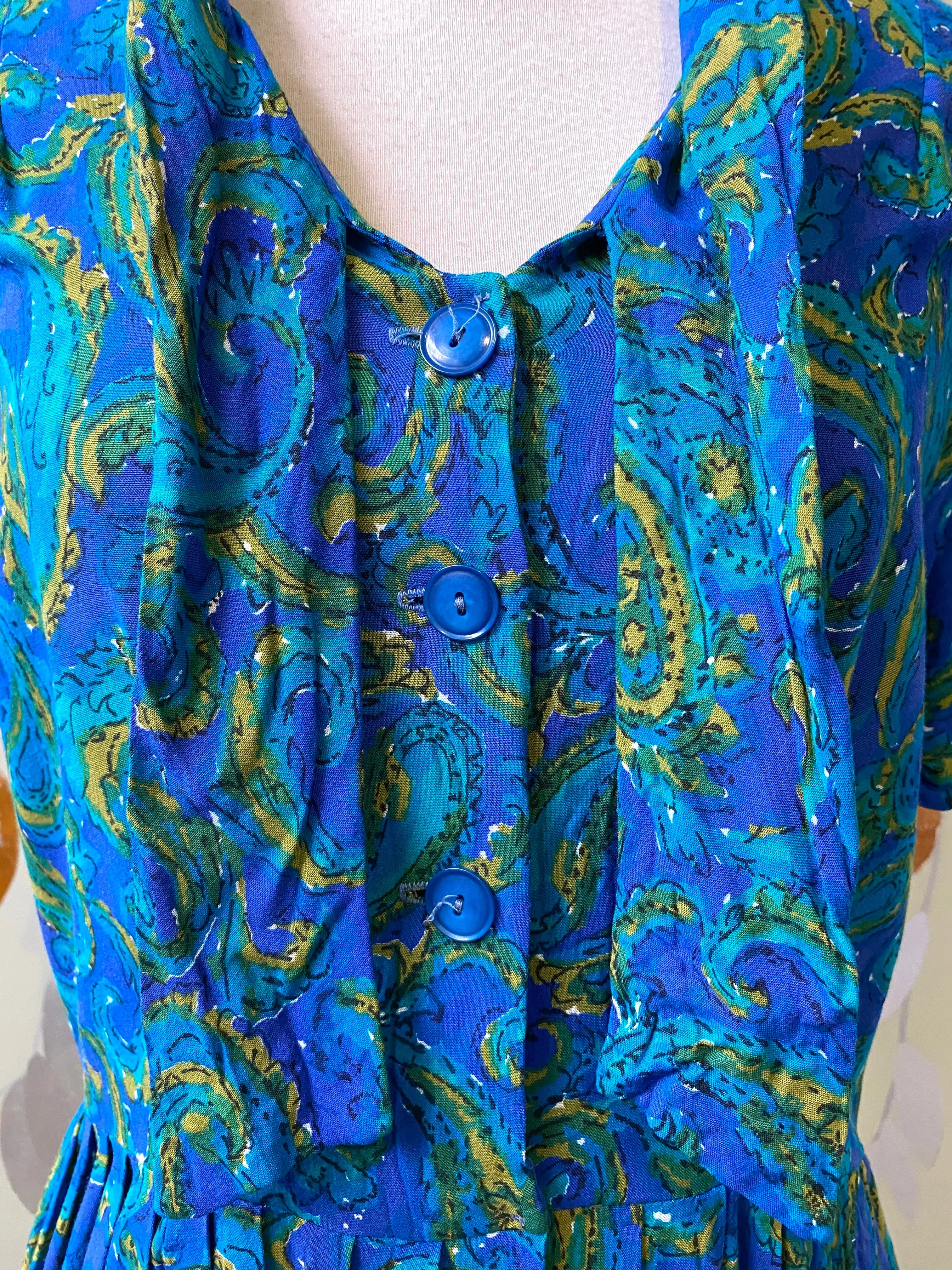 Vintage 1950s Jewel Tone Abstract Print Day Dress, Large