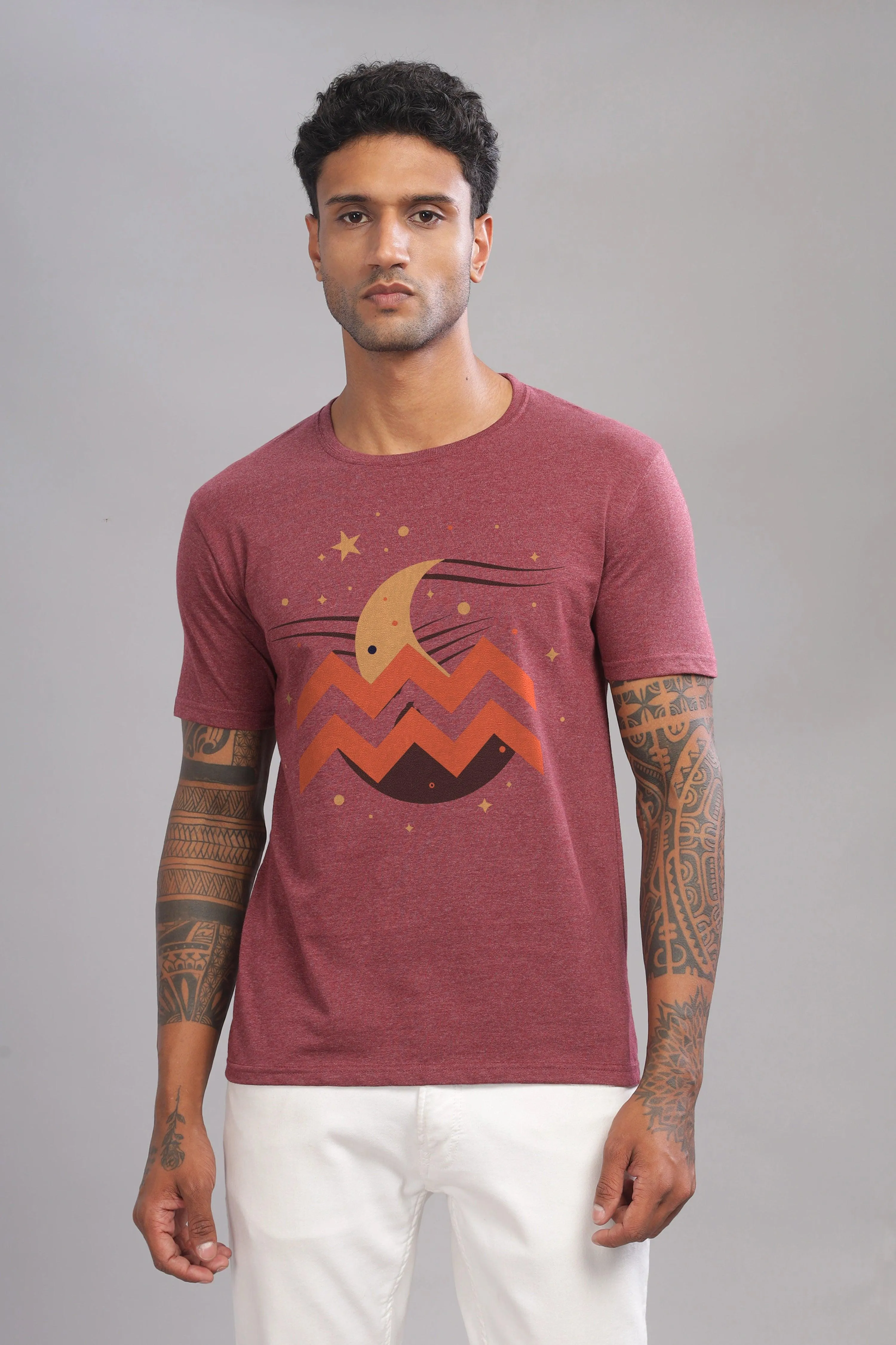 Waves of Aquarius Maroon Half Sleeve Printed Round Neck T-Shirt