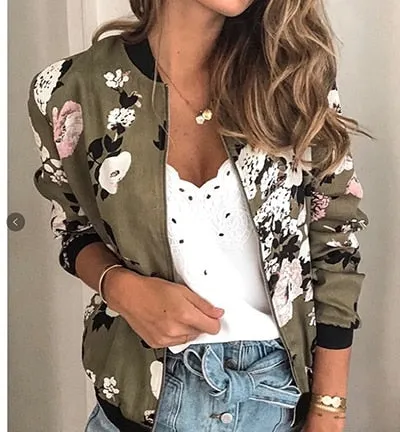 Wenkouban 2023 Autumn New Plus Size Printed Bomber Jacket Women Pockets Zipper Long Sleeve Coat Female Flower Chiffon White Jacket Woman