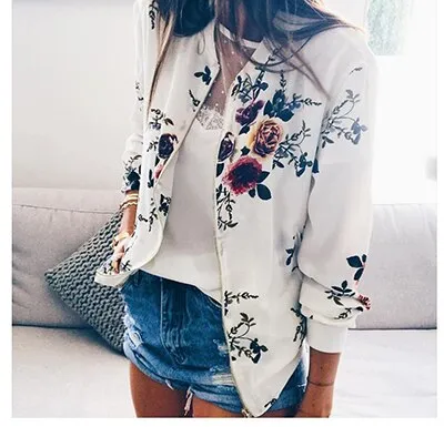 Wenkouban 2023 Autumn New Plus Size Printed Bomber Jacket Women Pockets Zipper Long Sleeve Coat Female Flower Chiffon White Jacket Woman