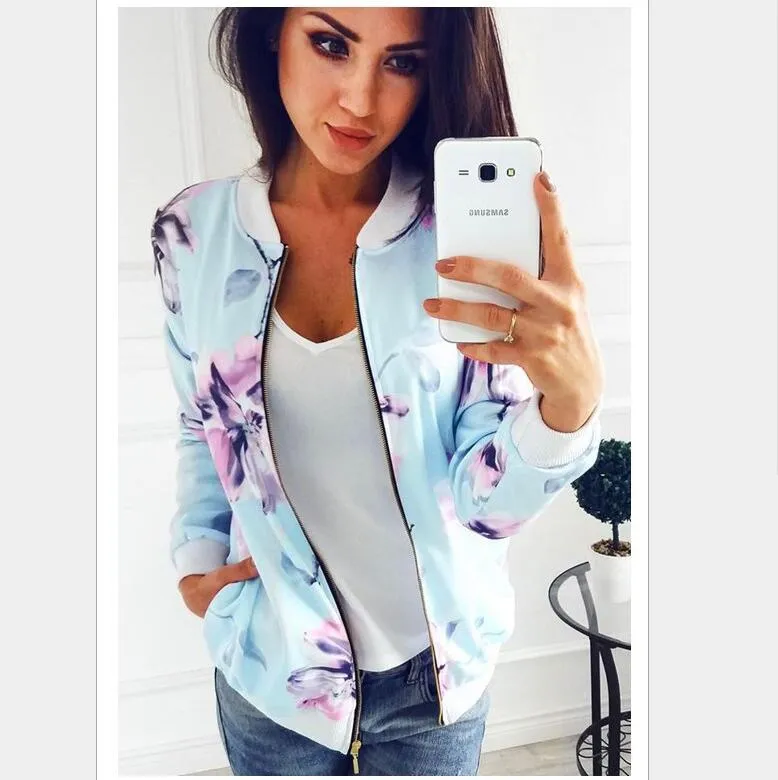 Wenkouban 2023 Autumn New Plus Size Printed Bomber Jacket Women Pockets Zipper Long Sleeve Coat Female Flower Chiffon White Jacket Woman